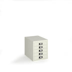 A white metal 5-drawer pedestal file cabinet with silver handles, shown on a plain white background with a soft shadow.