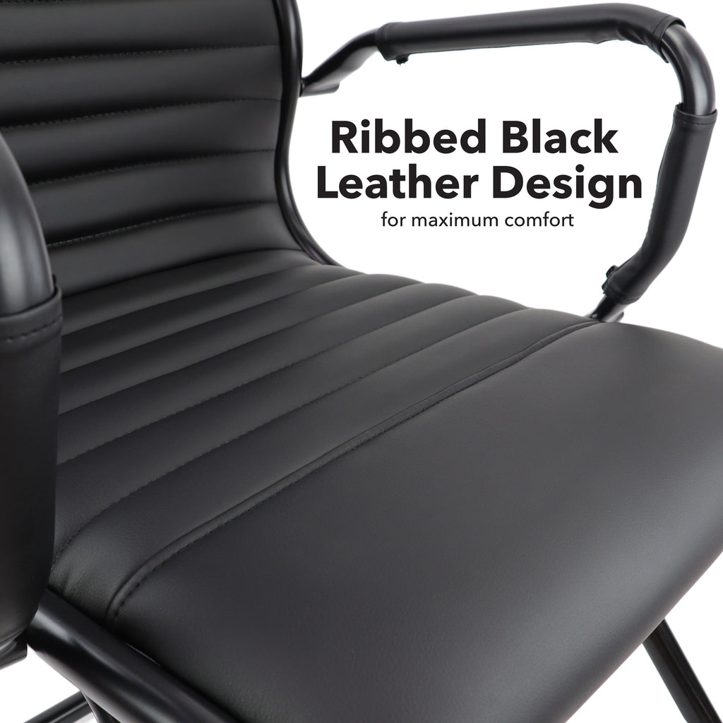 Black ribbed leather chair with text indicating comfort