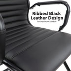 Black ribbed leather chair with text indicating comfort