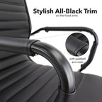 Black office chair with stylish all-black trim on fixed arms and padded arm rests.