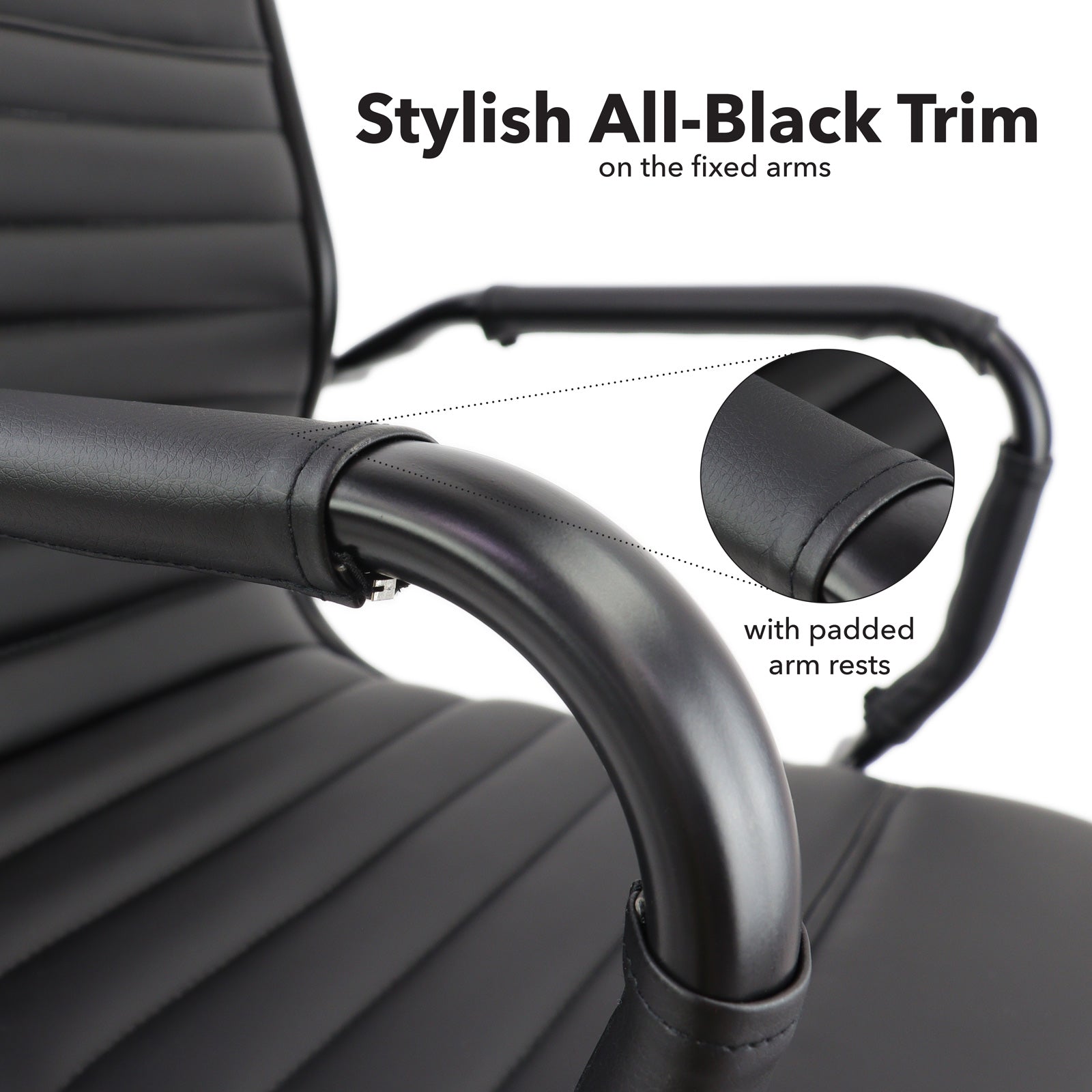 Black office chair with stylish all-black trim on fixed arms and padded arm rests.
