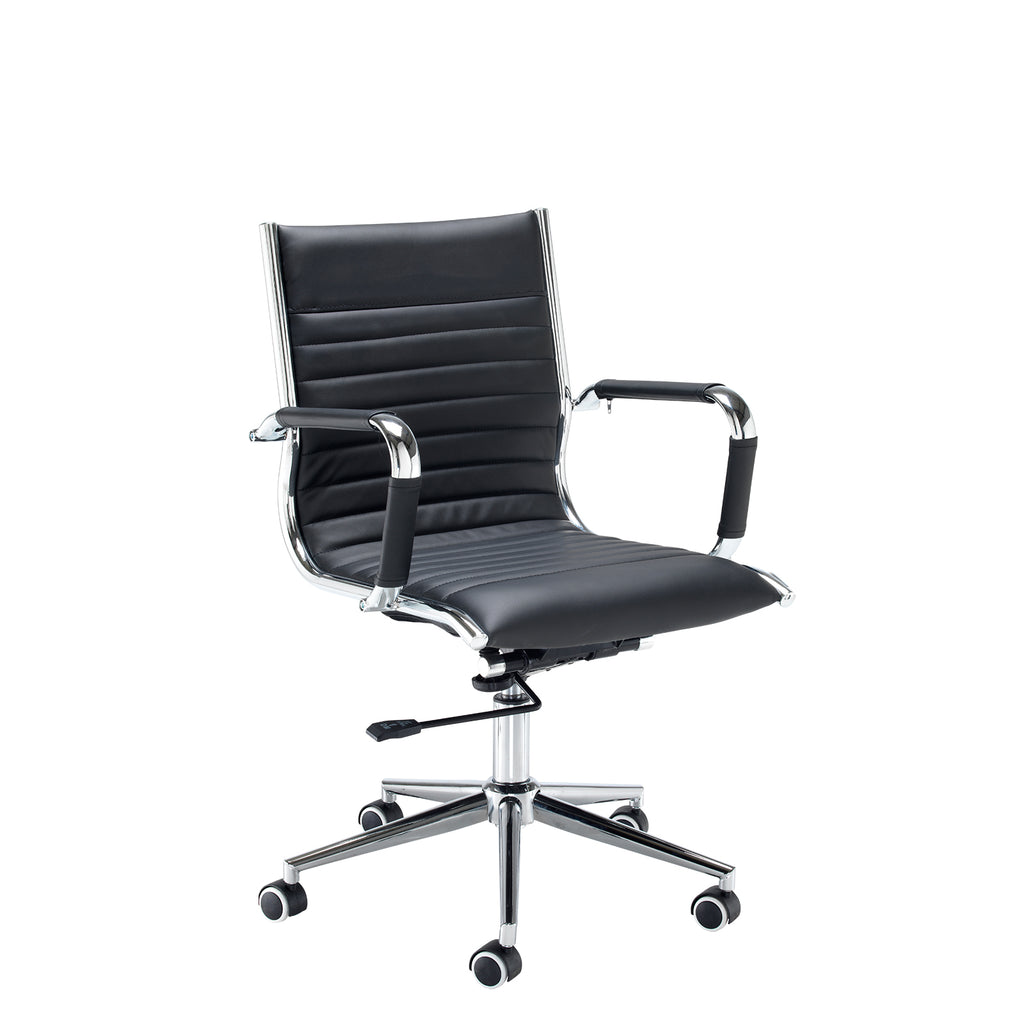 Black office chair with chrome accents on a white background