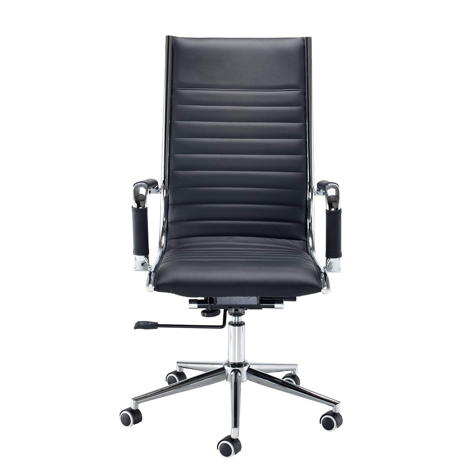 Black office chair with chrome base on a white background