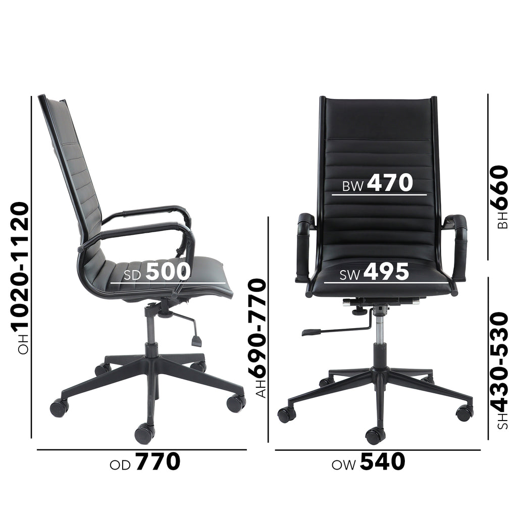 Black office chair with dimensions on a white background