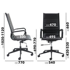Black office chair with dimensions on a white background