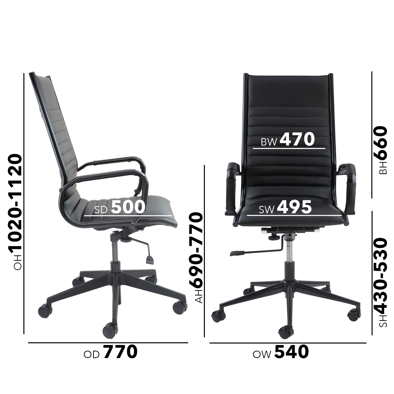 Black office chair with dimensions on a white background