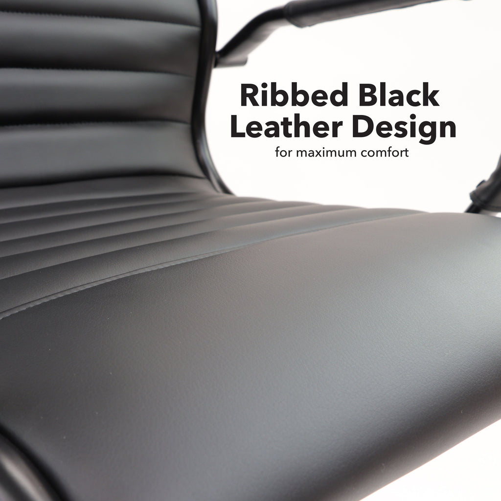 Ribbed black leather design on a chair with text indicating comfort.