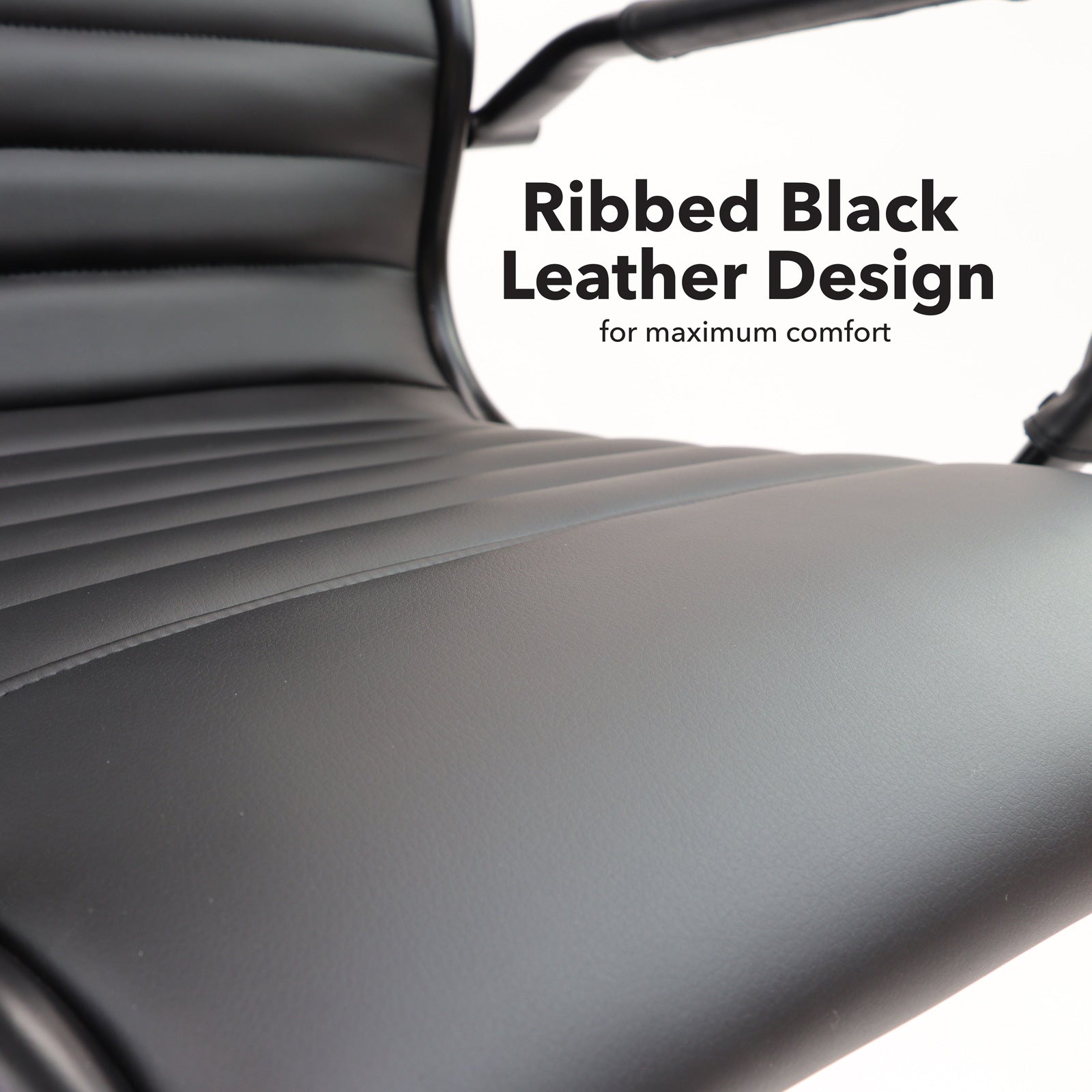Ribbed black leather design on a chair with text indicating comfort.