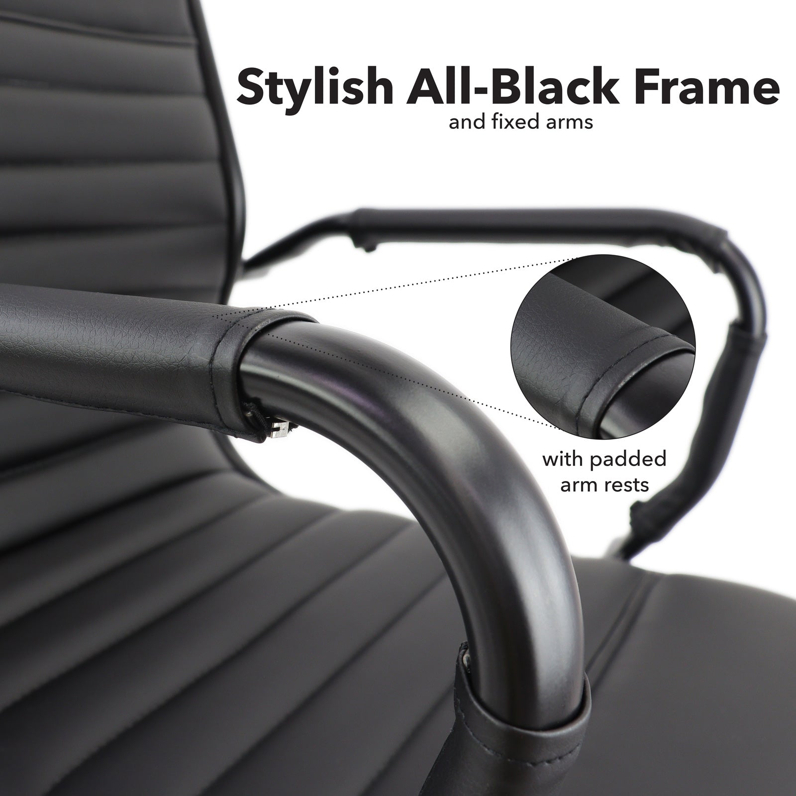 Black office chair with stylish all-black frame and fixed arms, featuring padded arm rests.