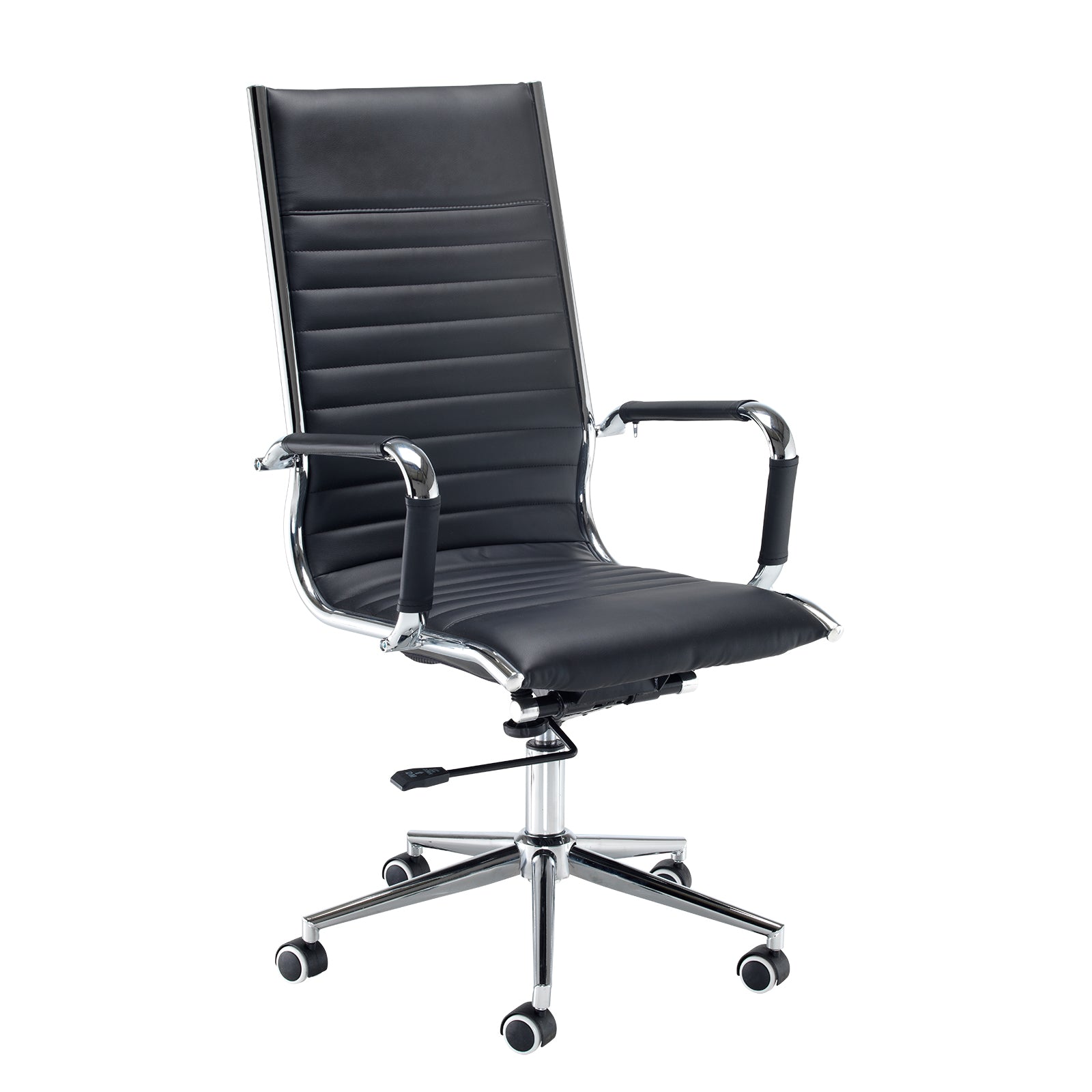 Black office chair with chrome accents on a white background