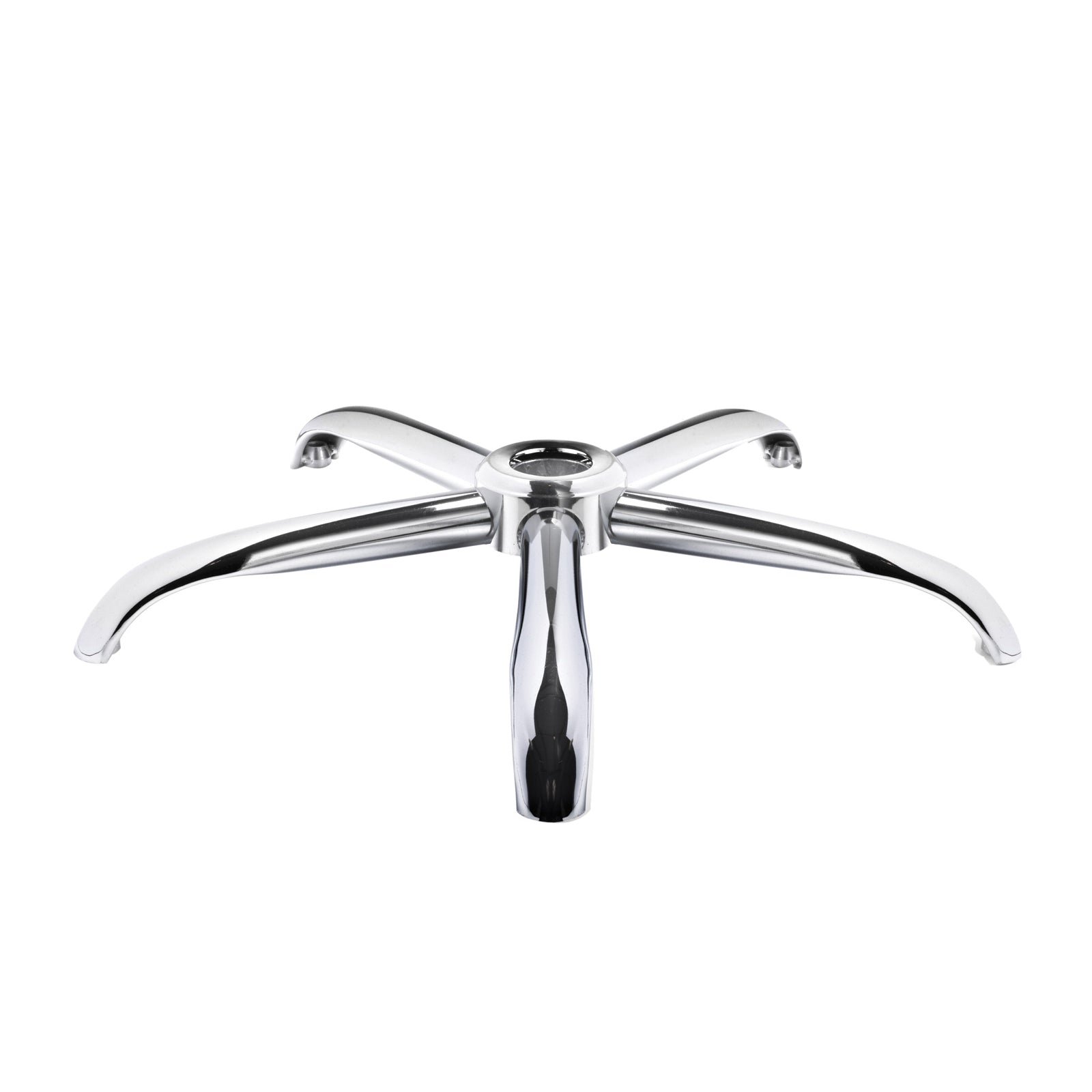 A polished chrome five-star office desk base on a solid white background.