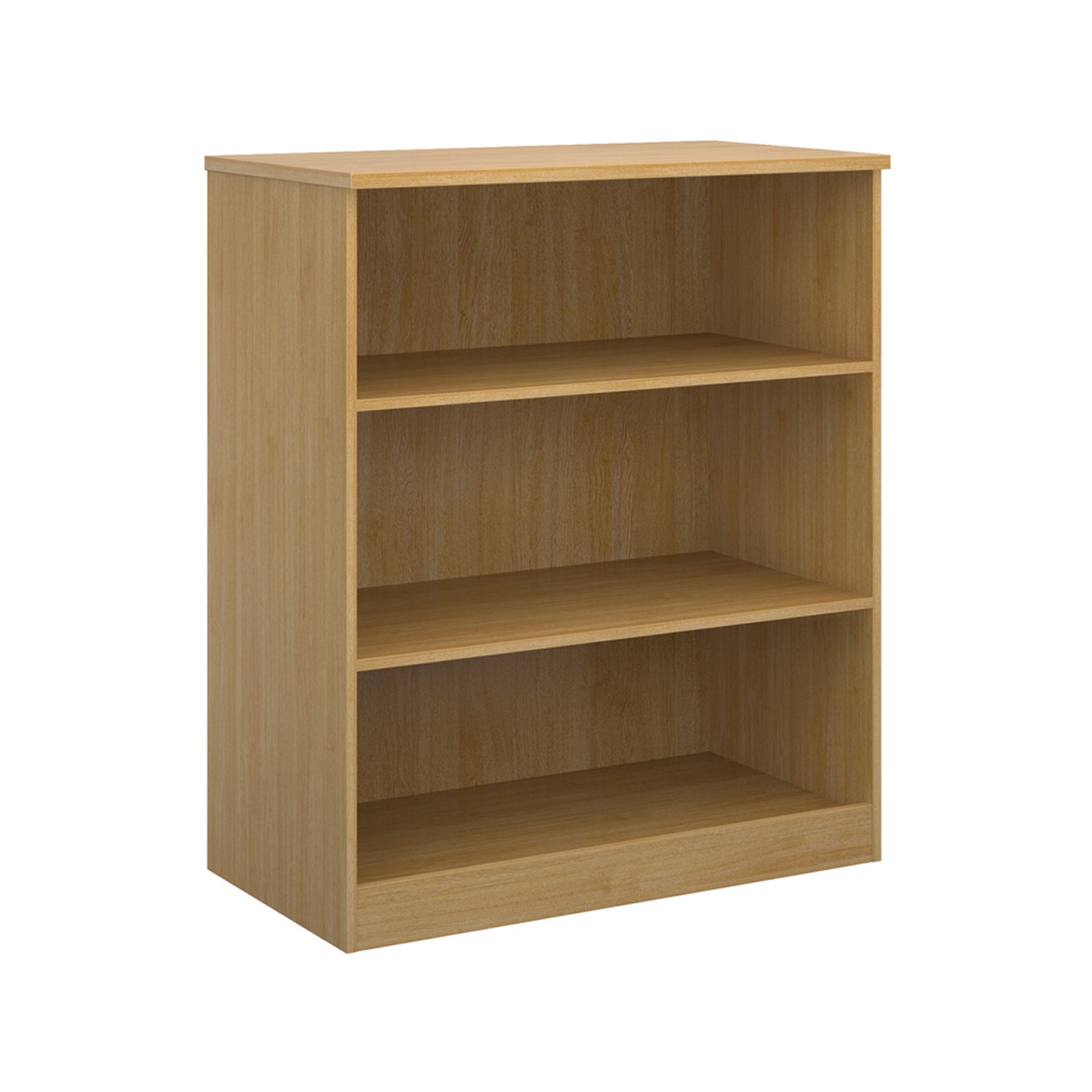 A three-tier bookcase with a wood-effect finish, shown from a three-quarter angle on a solid white background.