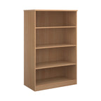 A four-tier bookcase with a wood-effect finish, shown from a three-quarter angle on a solid white background.