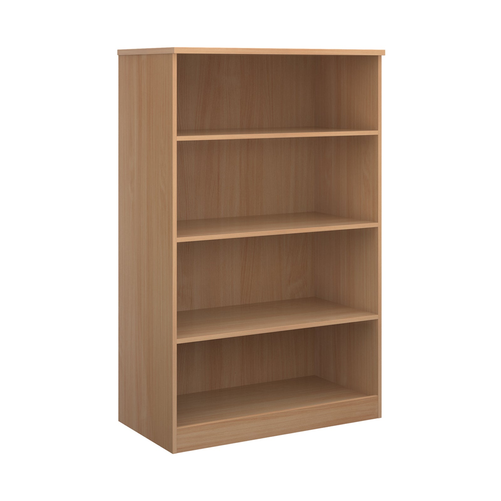 A four-tier bookcase with a wood-effect finish, shown from a three-quarter angle on a solid white background.