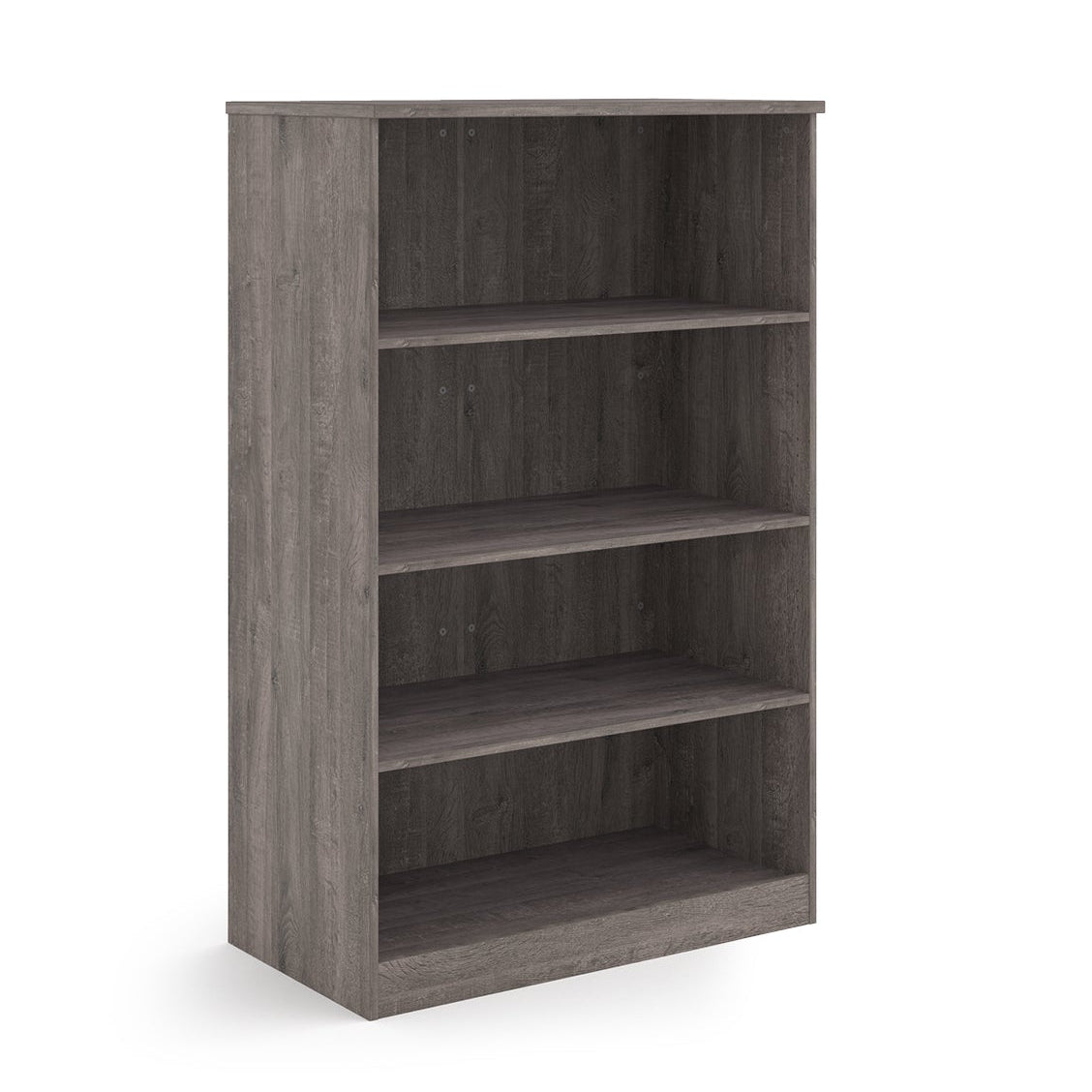 A four-tier bookcase with a grey wood-effect finish, shown from a three-quarter angle on a solid white background.
