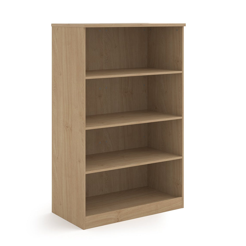 A four-tier bookcase with a wood-effect finish, shown from a three-quarter angle on a solid white background.