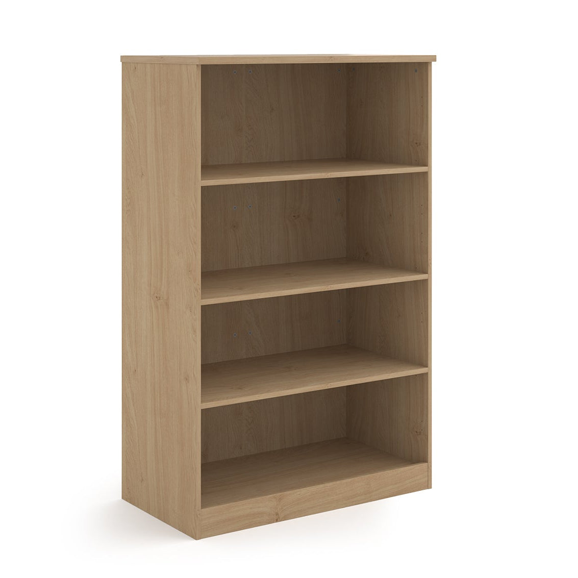 A four-tier bookcase with a wood-effect finish, shown from a three-quarter angle on a solid white background.