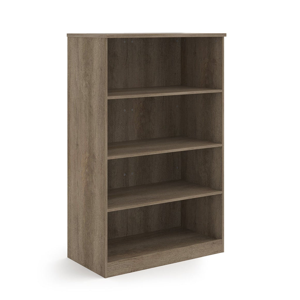 A four-tier bookcase with a wood-effect finish, shown from a three-quarter angle on a solid white background.