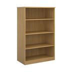 A four-tier bookcase with a wood-effect finish, shown from a three-quarter angle on a solid white background.