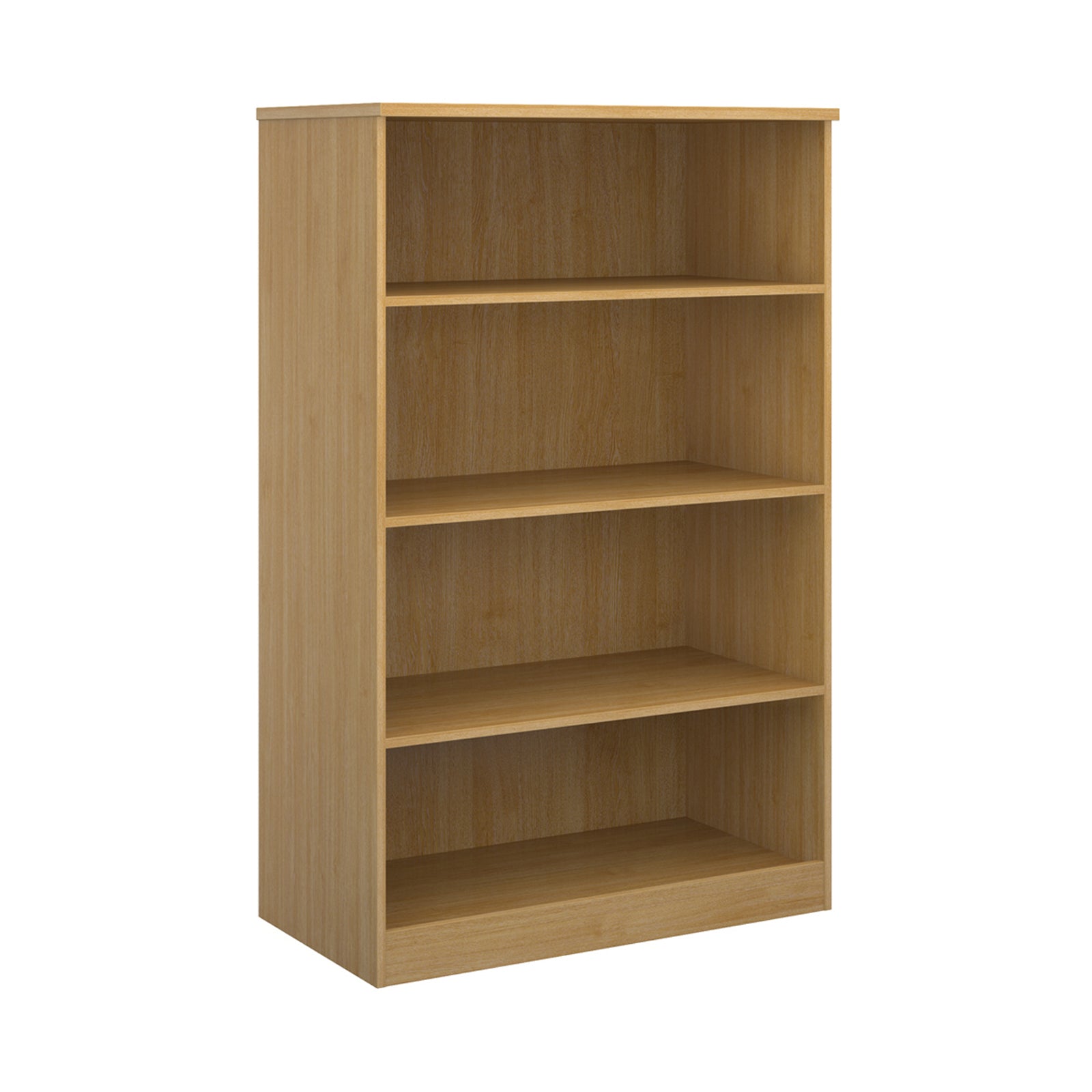 A four-tier bookcase with a wood-effect finish, shown from a three-quarter angle on a solid white background.