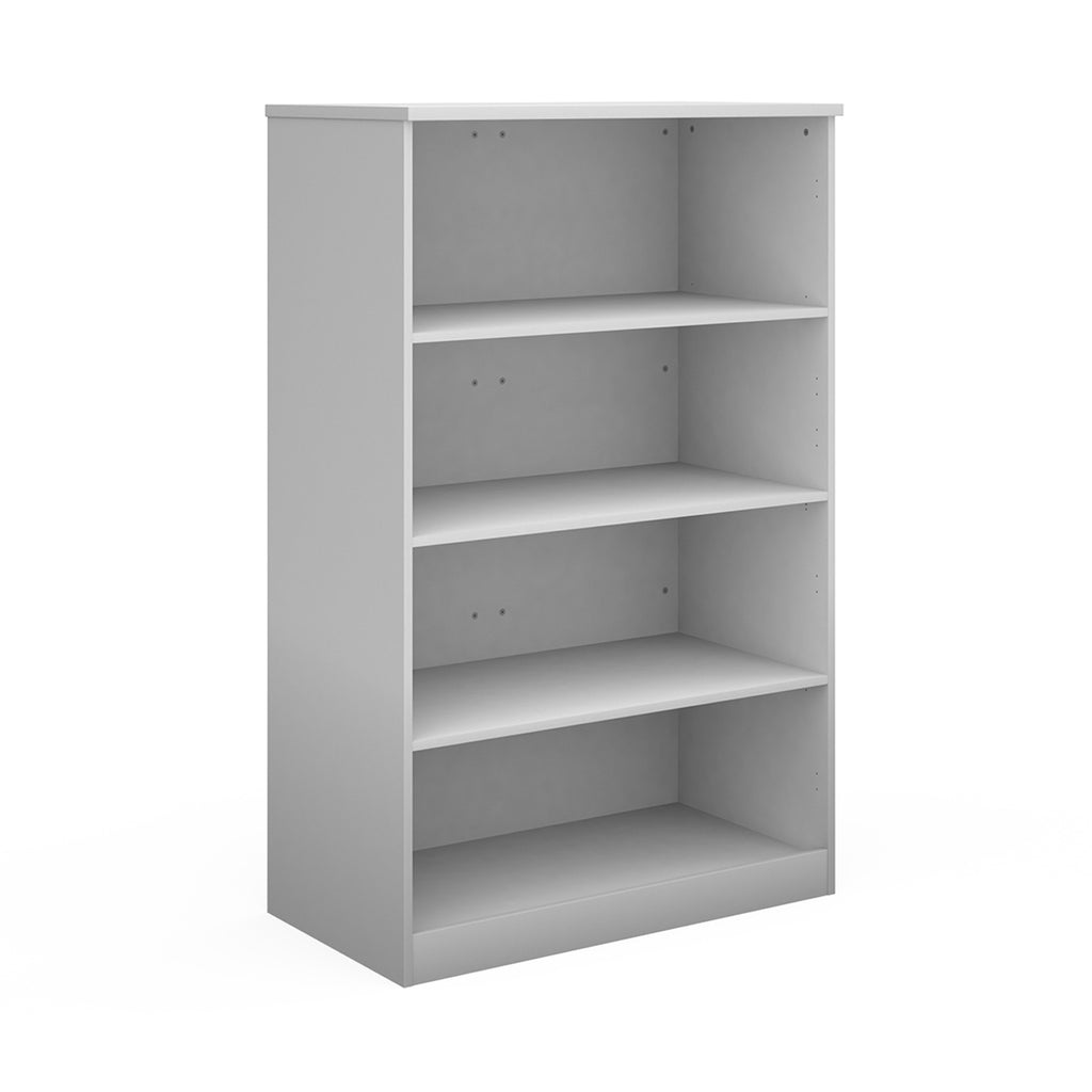 A four-tier bookcase in white, shown from a three-quarter angle on a solid white background.