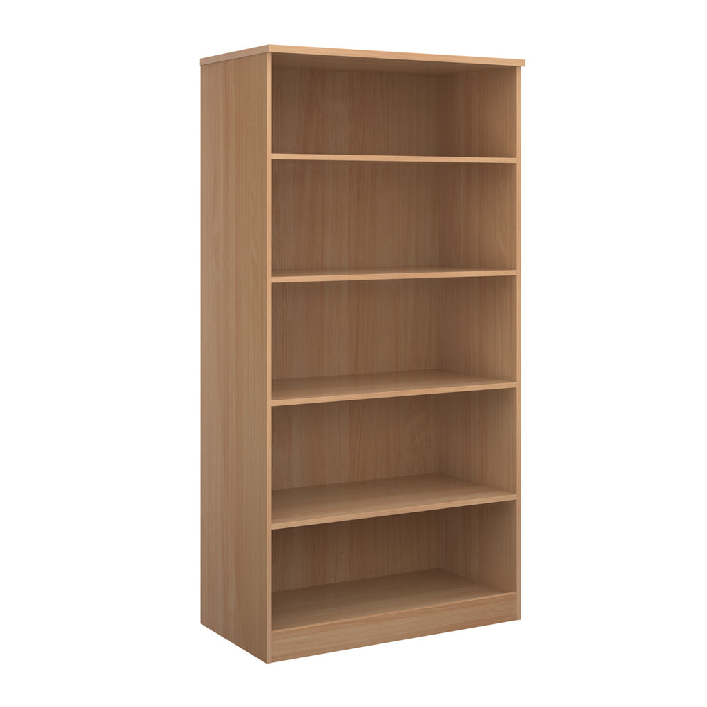 A five-tier bookcase with a wood-effect finish, shown from a three-quarter angle on a solid white background.