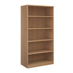 A five-tier bookcase with a wood-effect finish, shown from a three-quarter angle on a solid white background.