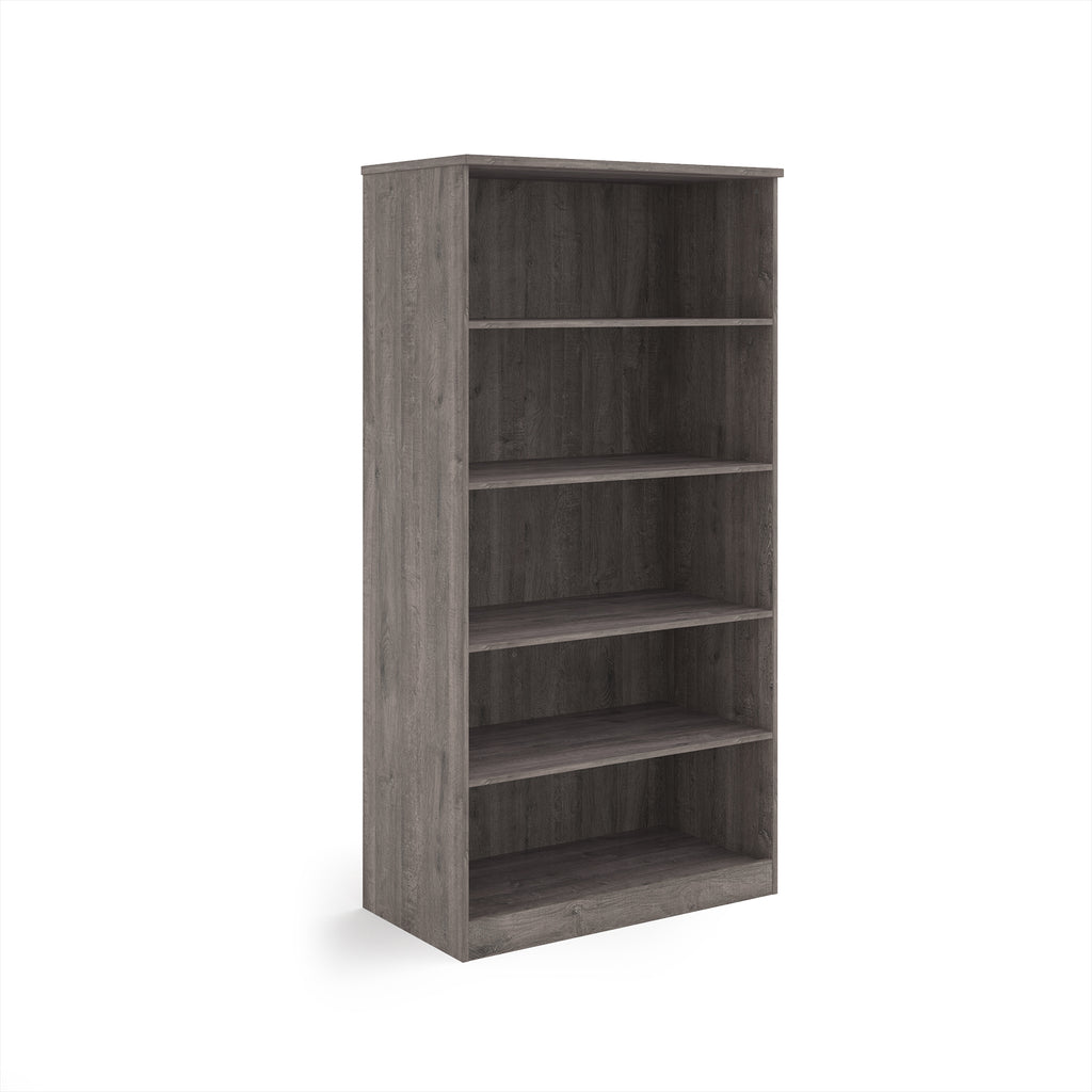 A five-tier bookcase with a grey wood-effect finish, shown from a three-quarter angle on a solid white background.