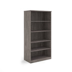 A five-tier bookcase with a grey wood-effect finish, shown from a three-quarter angle on a solid white background.
