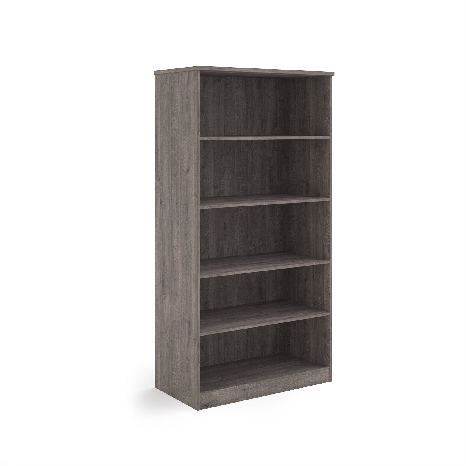 A five-tier bookcase with a grey wood-effect finish, shown from a three-quarter angle on a solid white background.