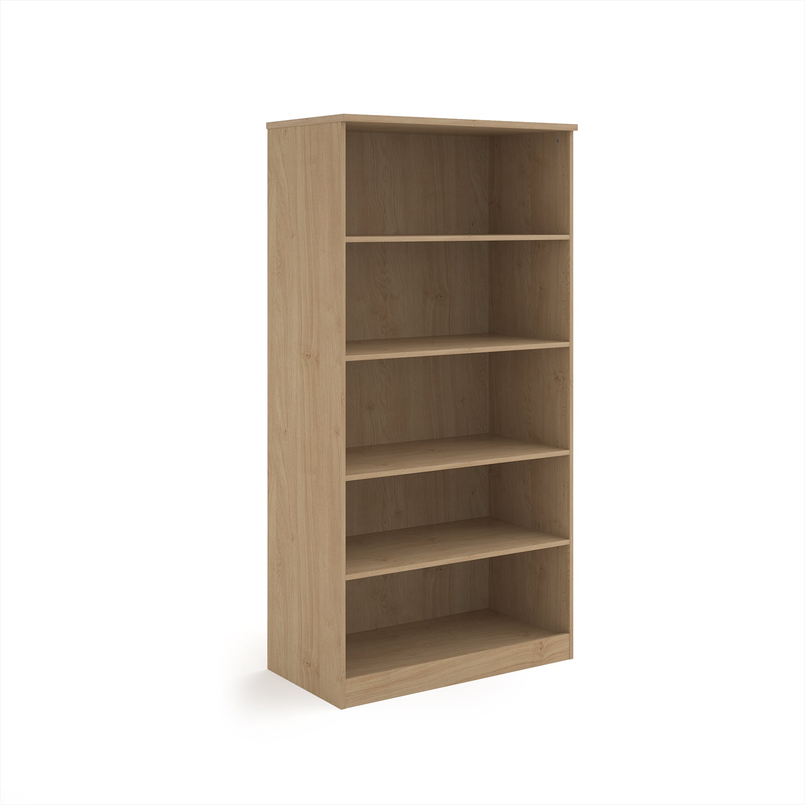 A five-tier bookcase with a wood-effect finish, shown from a three-quarter angle on a solid white background.