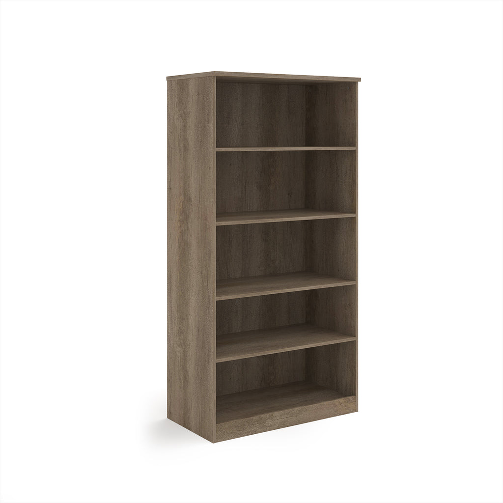 A five-tier bookcase with a wood-effect finish, shown from a three-quarter angle on a solid white background.