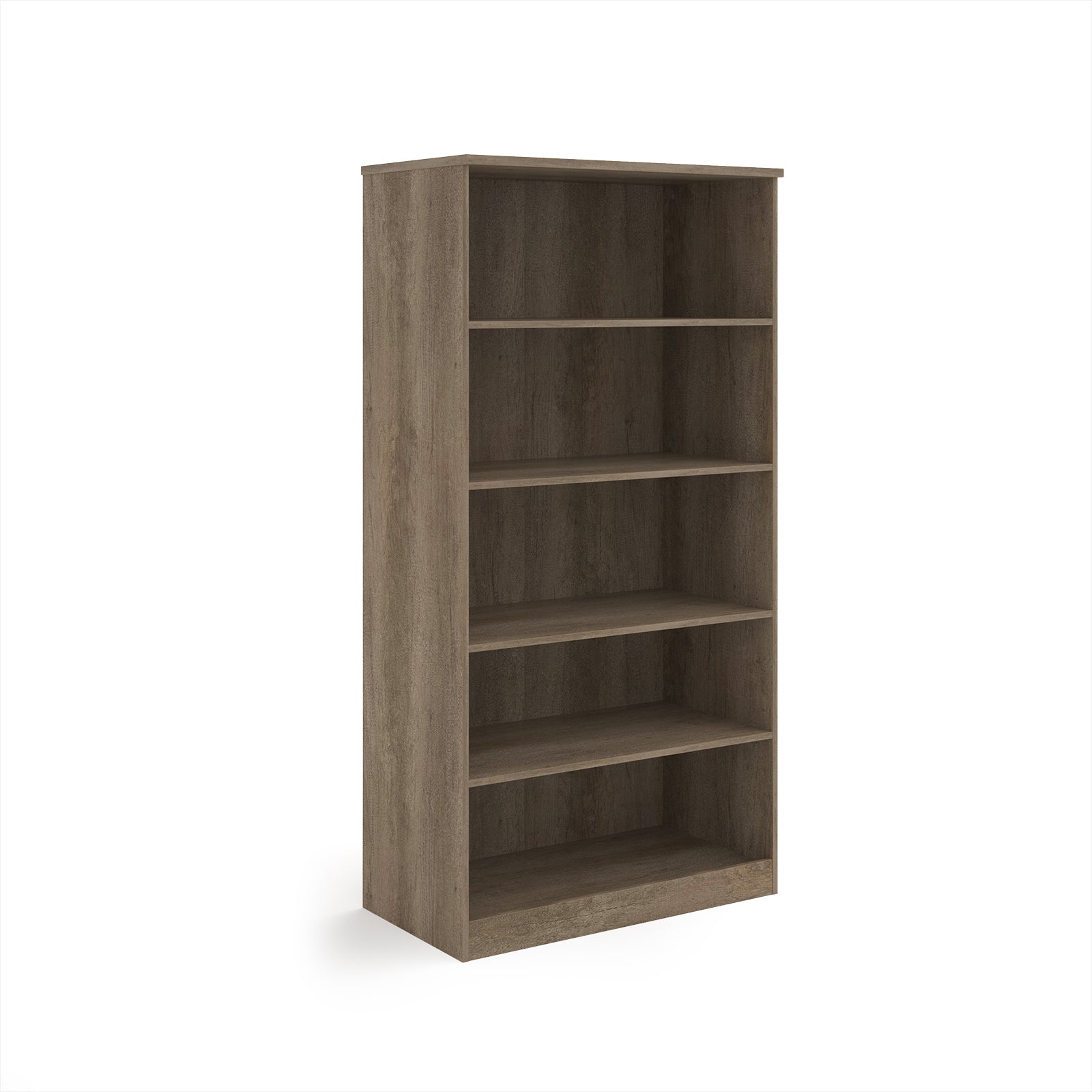 A five-tier bookcase with a wood-effect finish, shown from a three-quarter angle on a solid white background.