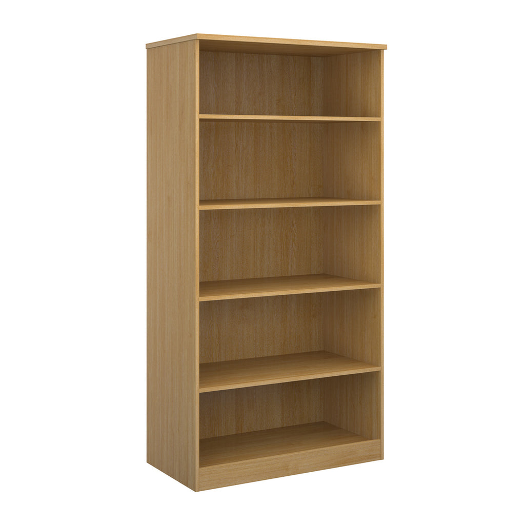 A five-tier bookcase with a wood-effect finish, shown from a three-quarter angle on a solid white background.