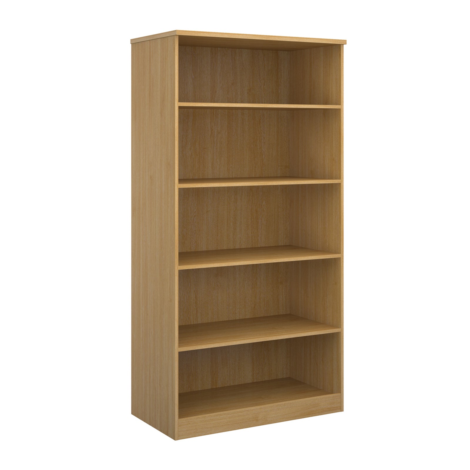 A five-tier bookcase with a wood-effect finish, shown from a three-quarter angle on a solid white background.