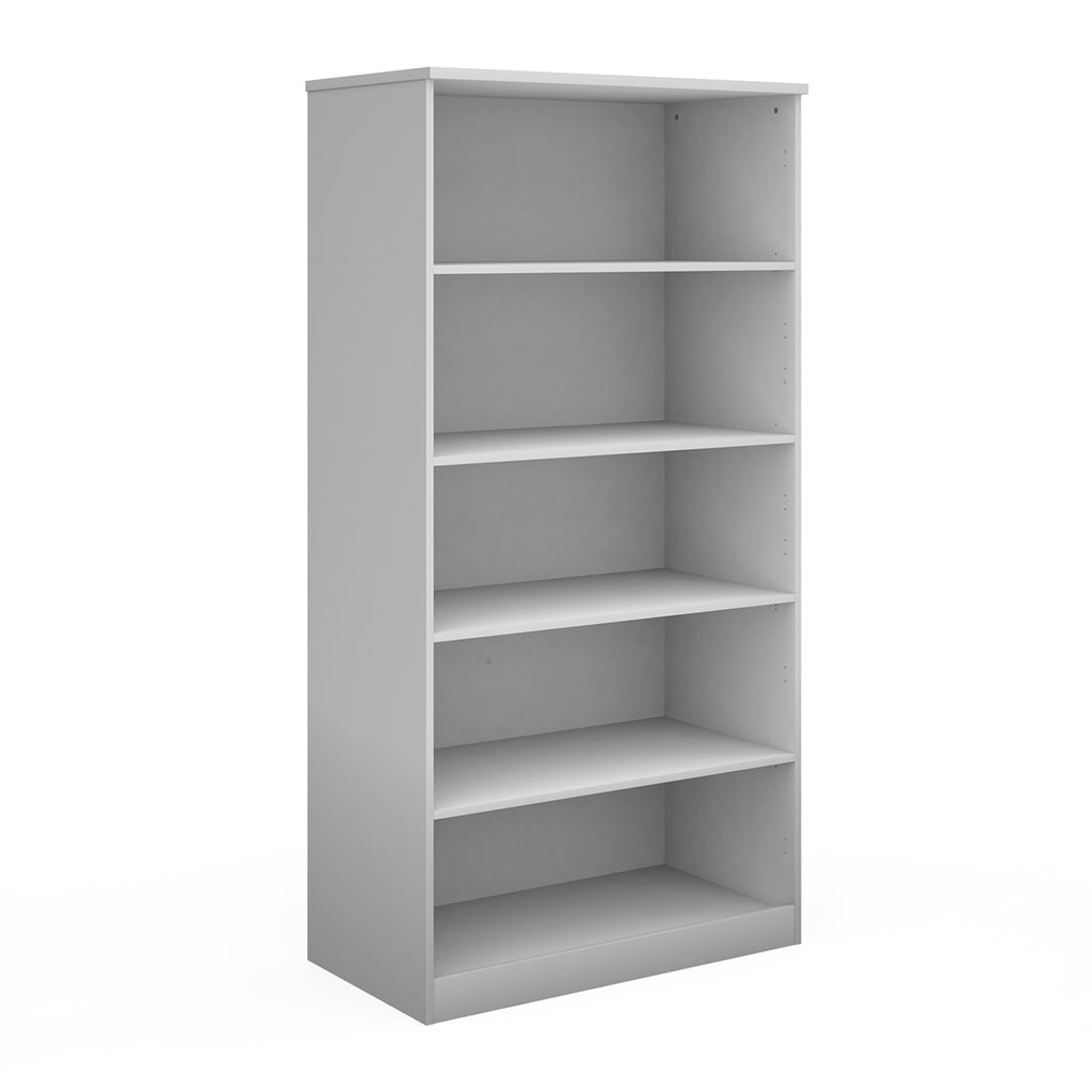 A five-tier bookcase in white, shown from a three-quarter angle on a solid white background.
