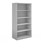 A five-tier bookcase in white, shown from a three-quarter angle on a solid white background.