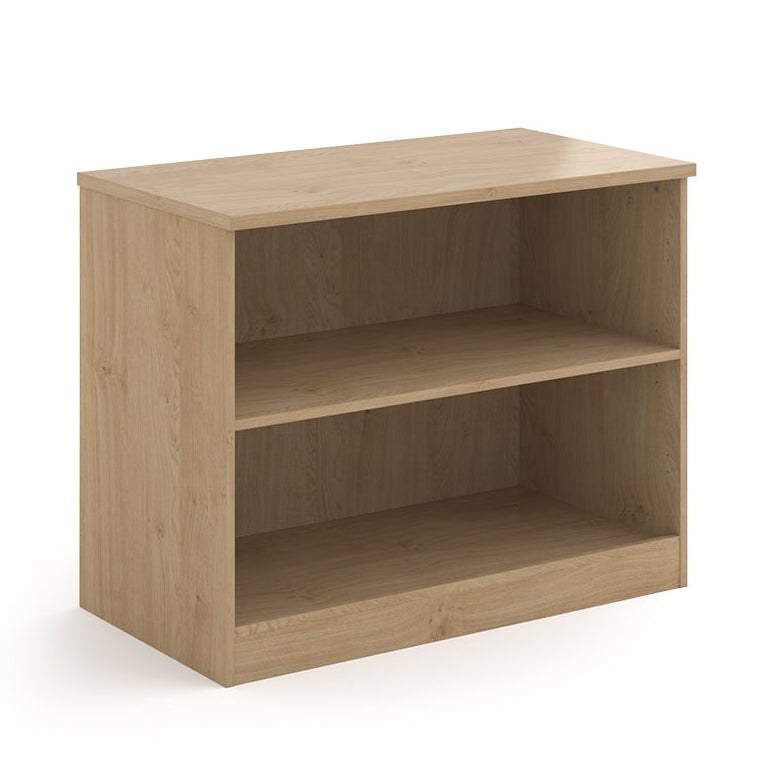 A two-tier bookcase with a wood-effect finish, shown from a three-quarter angle on a solid white background.