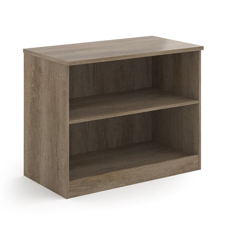 A two-tier bookcase with a wood-effect finish, shown from a three-quarter angle on a solid white background.