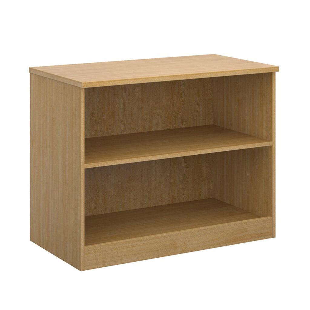 A two-tier bookcase with a wood-effect finish, shown from a three-quarter angle on a solid white background.