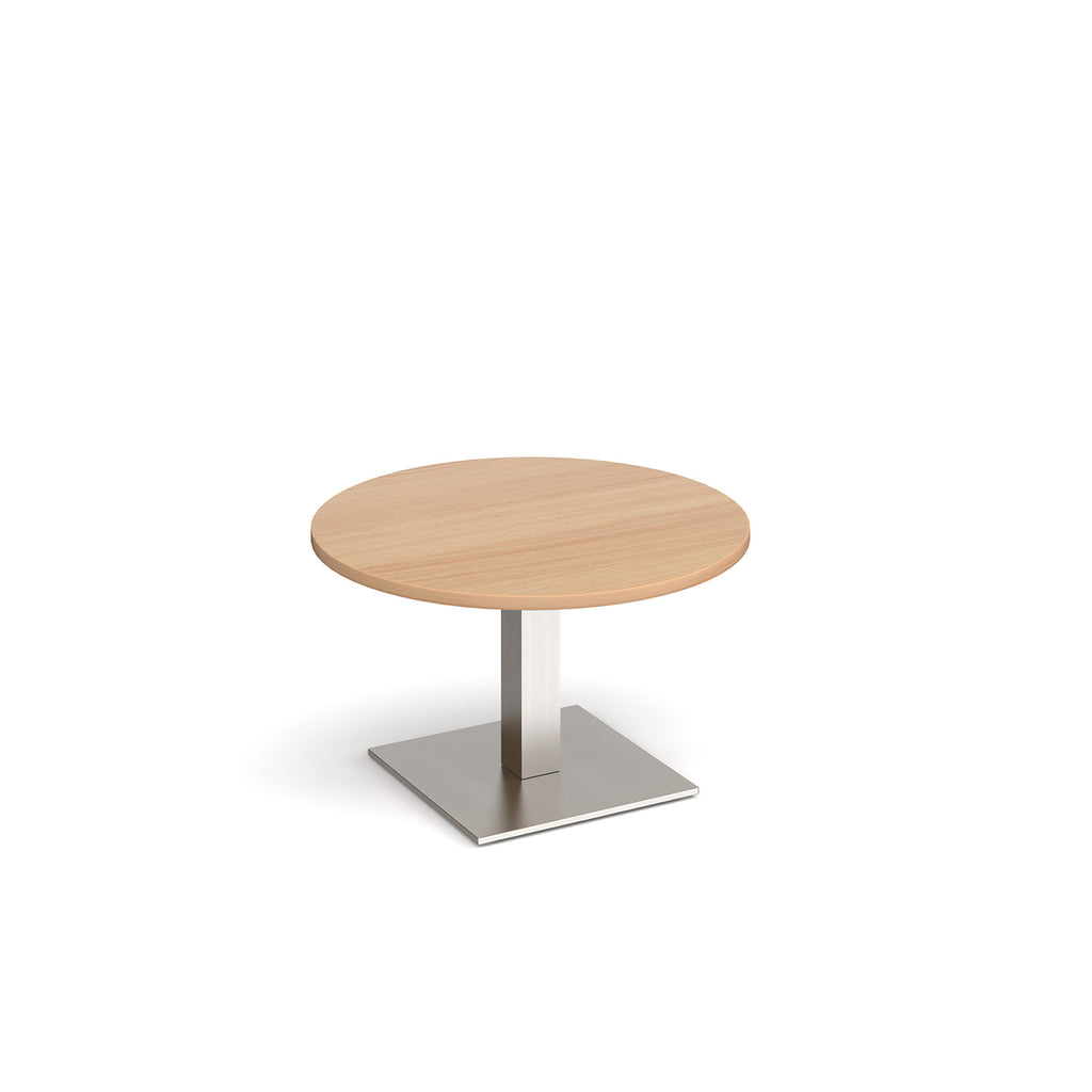 A modern round coffee table with a wood-effect top and a square silver pedestal base, shown on a plain white background.