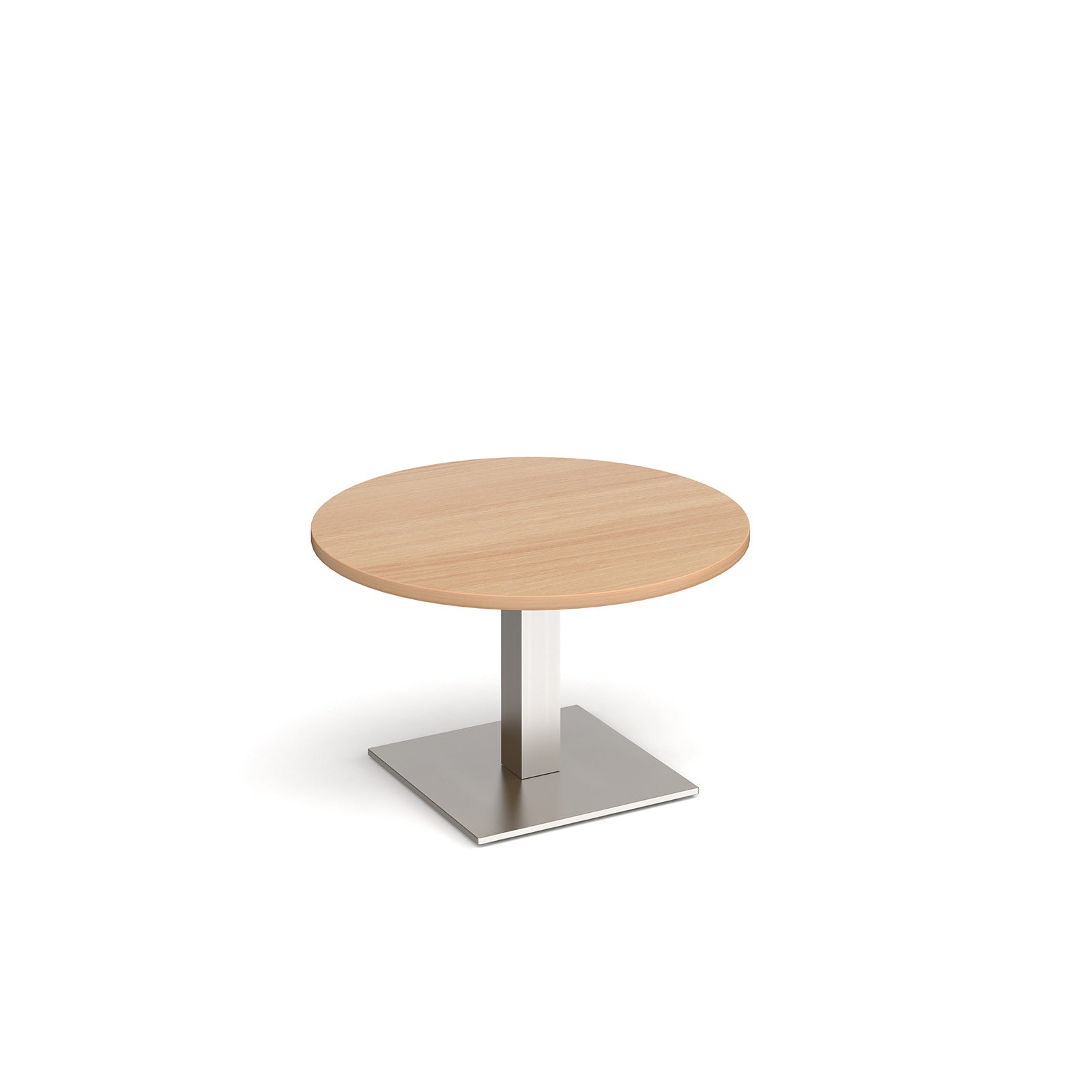 A modern round coffee table with a wood-effect top and a square silver pedestal base, shown on a plain white background.
