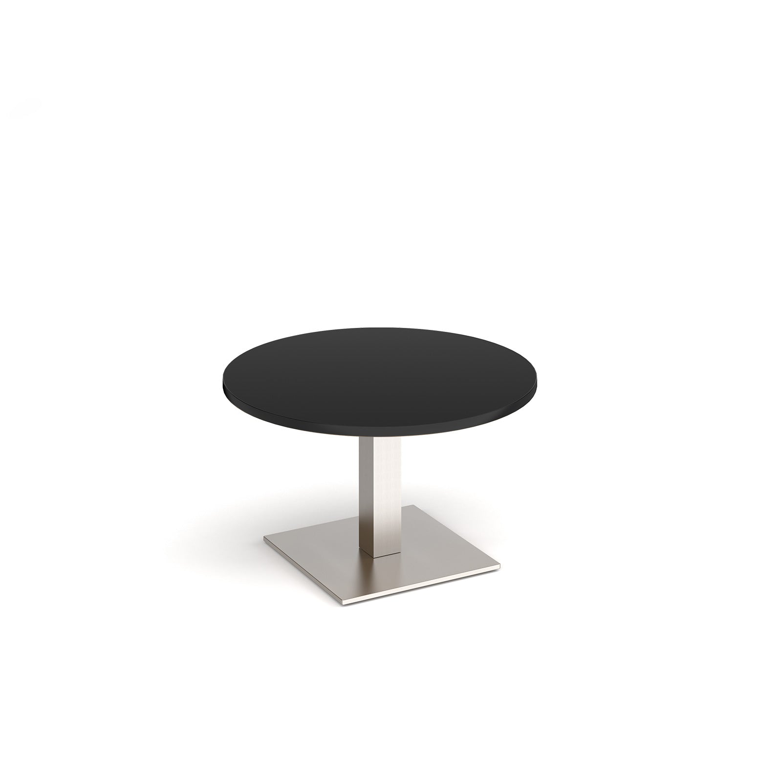 A modern round coffee table with a black top and a square silver pedestal base, shown on a plain white background.