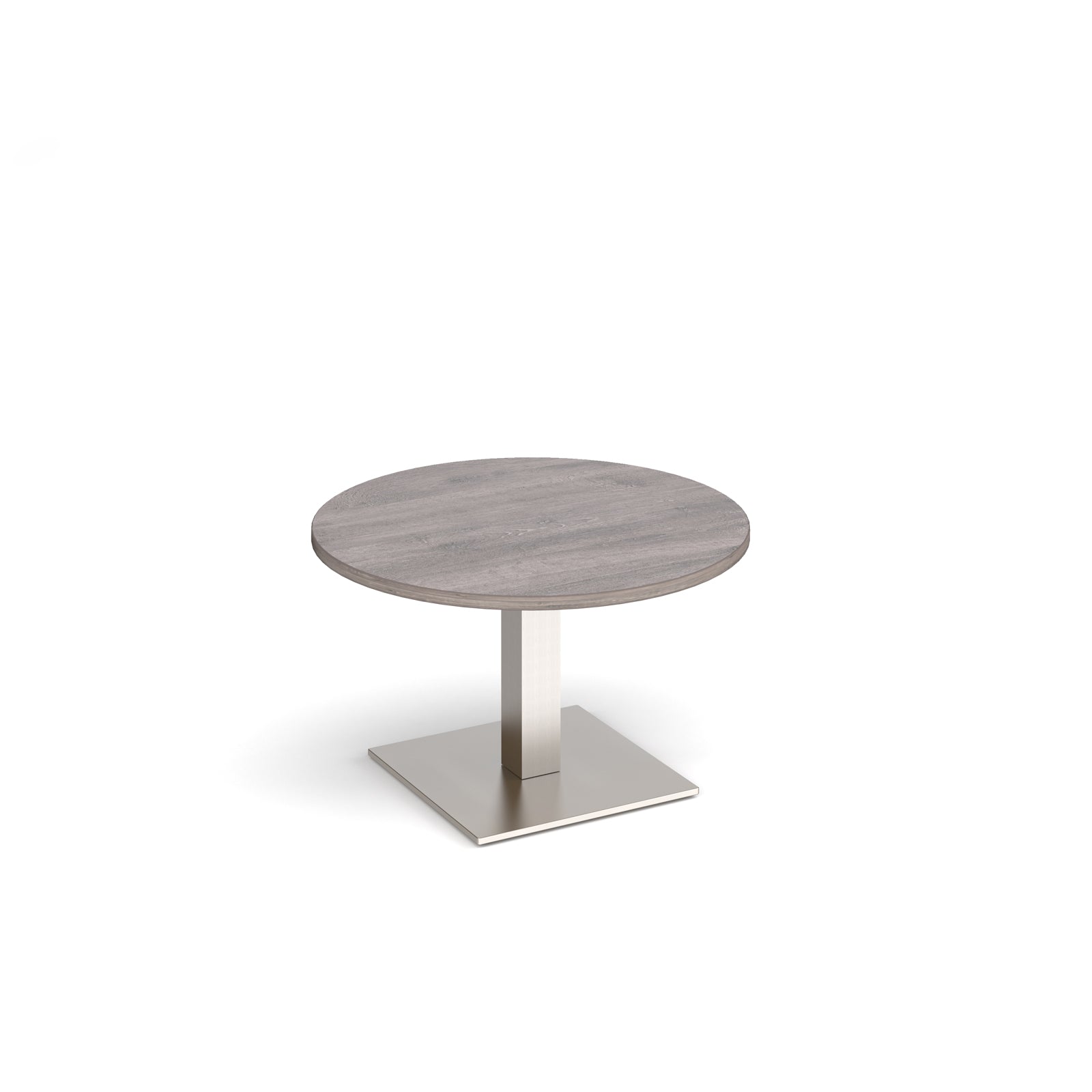 A modern round coffee table with a grey wood-effect top and a square silver pedestal base, shown on a plain white background.