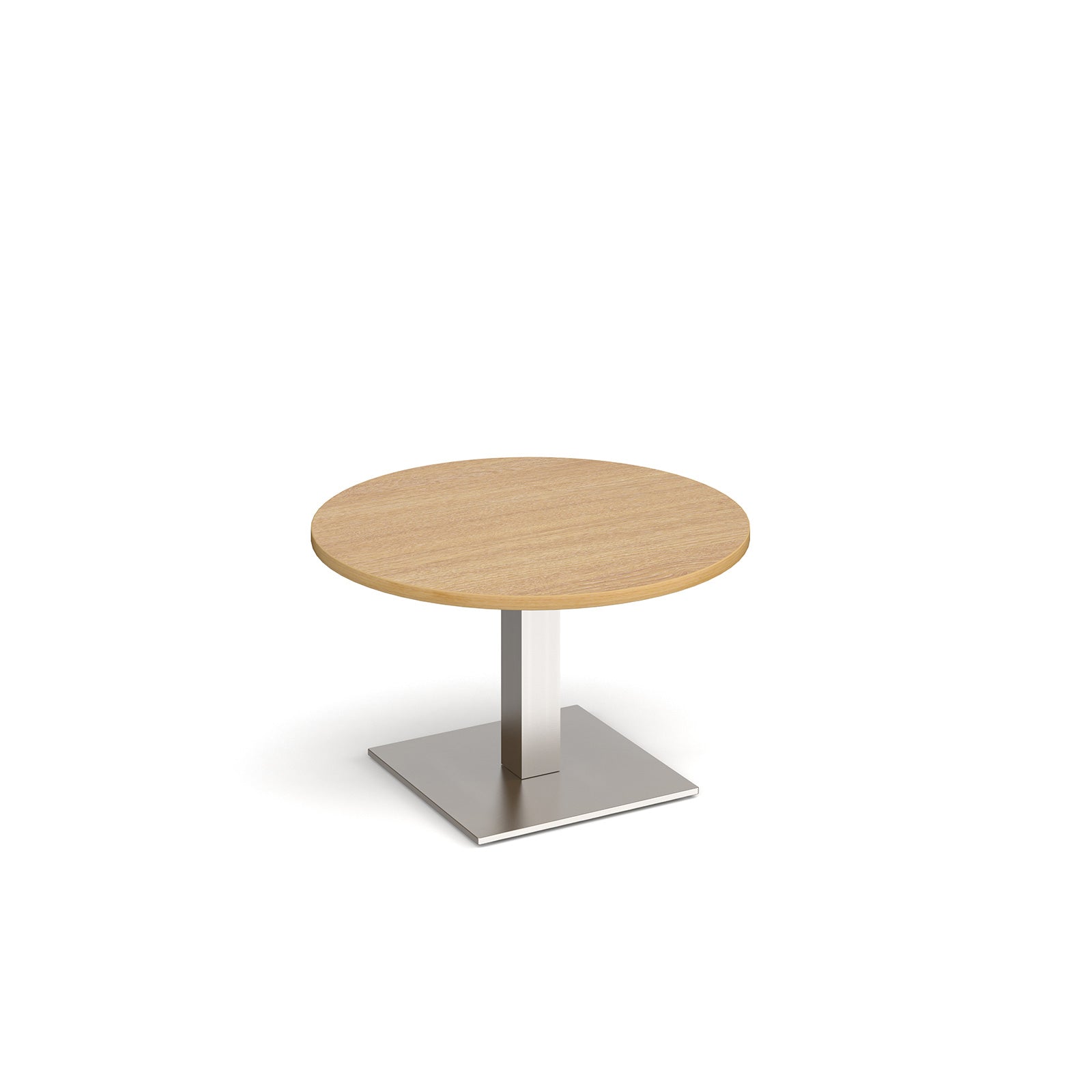 A modern round coffee table with a wood-effect top and a square silver pedestal base, shown on a plain white background.