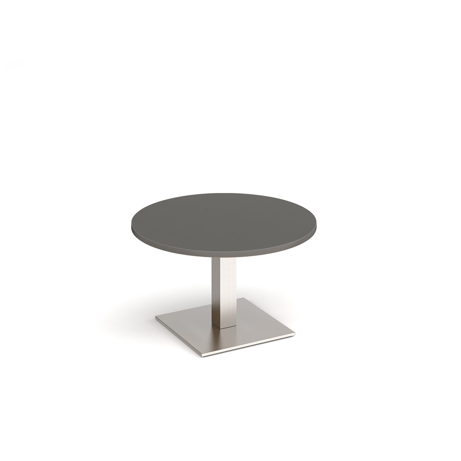 A modern round coffee table with a grey top and a square silver pedestal base, shown on a plain white background.