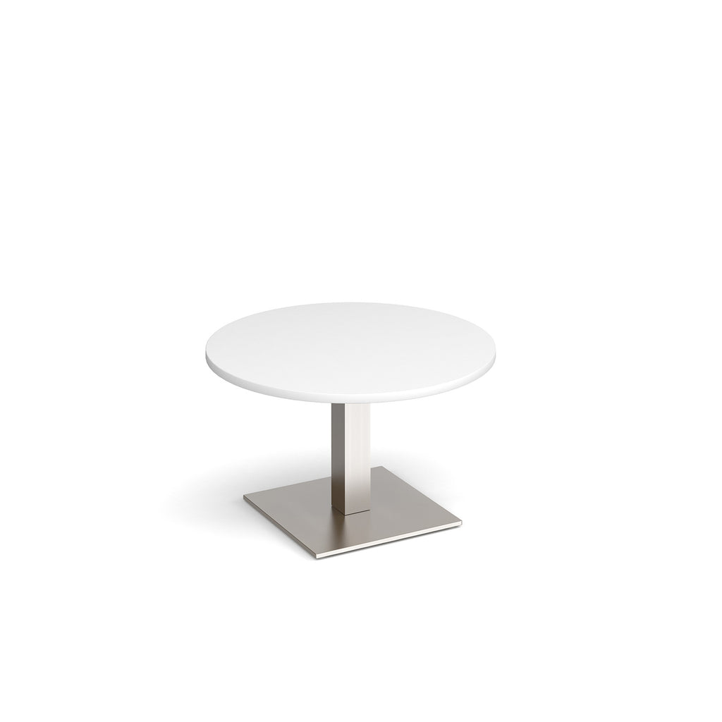 A modern round coffee table with a white top and a square silver pedestal base, shown on a plain white background.