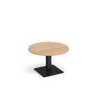 A modern round coffee table with a wood-effect top and a square black pedestal base, shown on a plain white background.