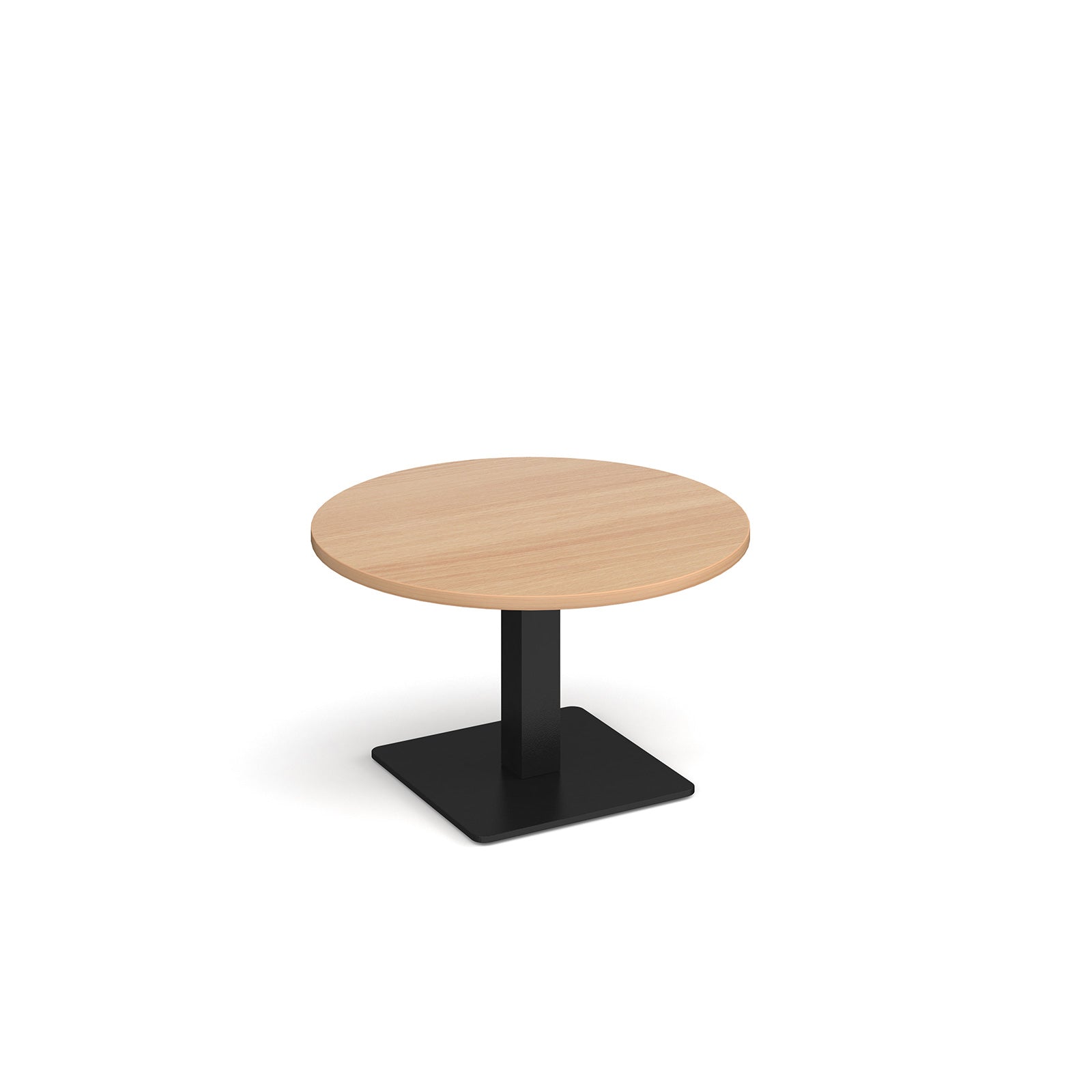 A modern round coffee table with a wood-effect top and a square black pedestal base, shown on a plain white background.