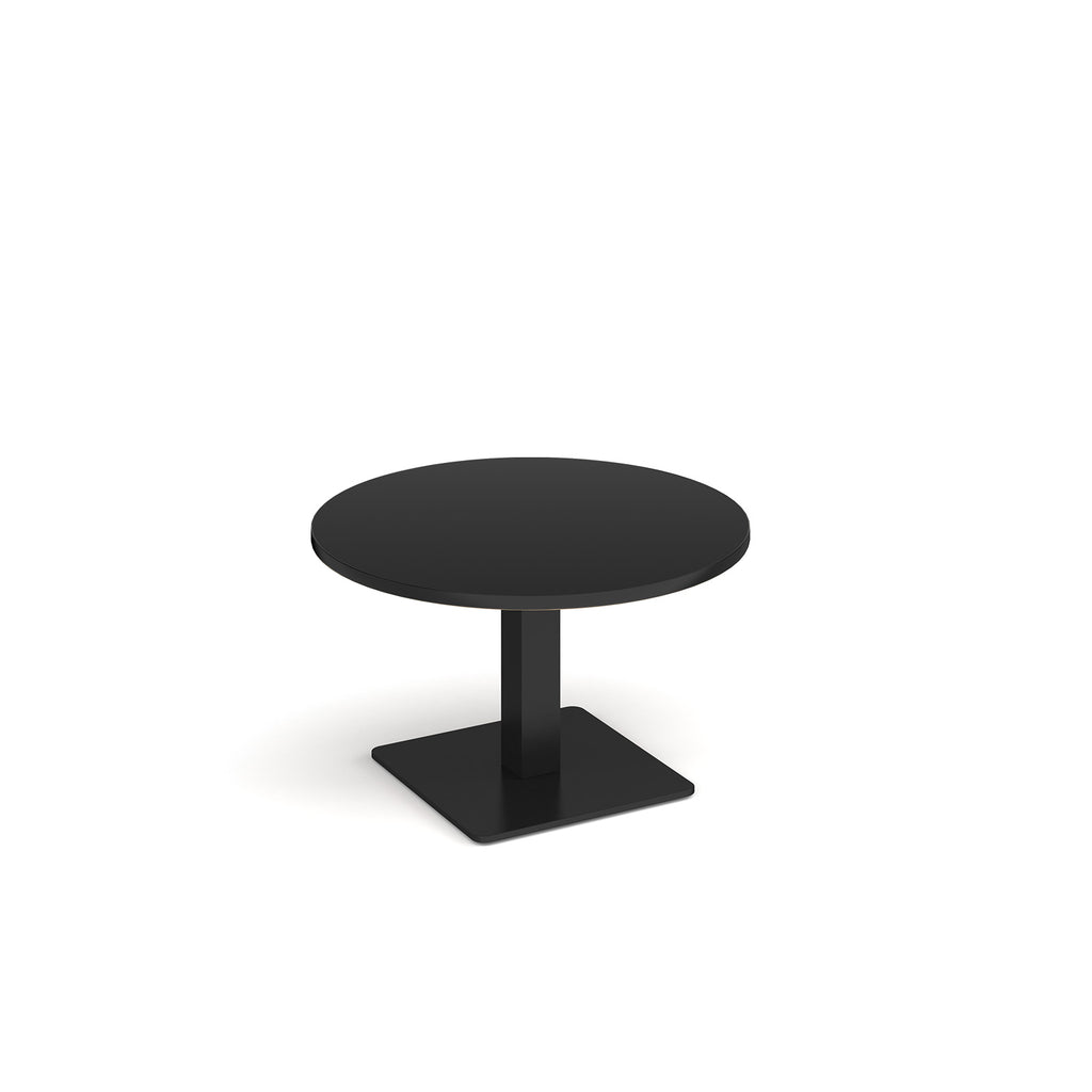 A minimalist black round coffee table with a single central pedestal base and a square footplate, shown on a clean white background.